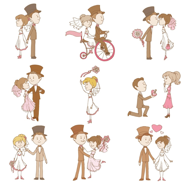 Vecteur couple de mariage amoureux, personnages de style vintage