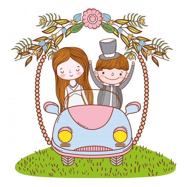 Couple De Mariage Sur Dessin Animé Mignon De Voiture