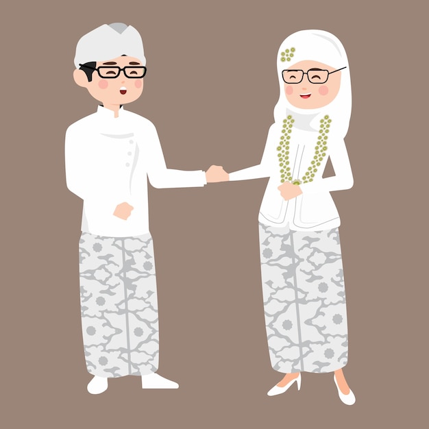 Vecteur couple de mariage de dessin animé portant des vêtements islamiques traditionnels javanais