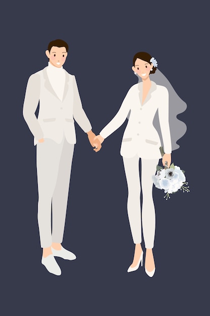 Vecteur couple de mariage hipster en pantalon de costume blanc, tenant par la main