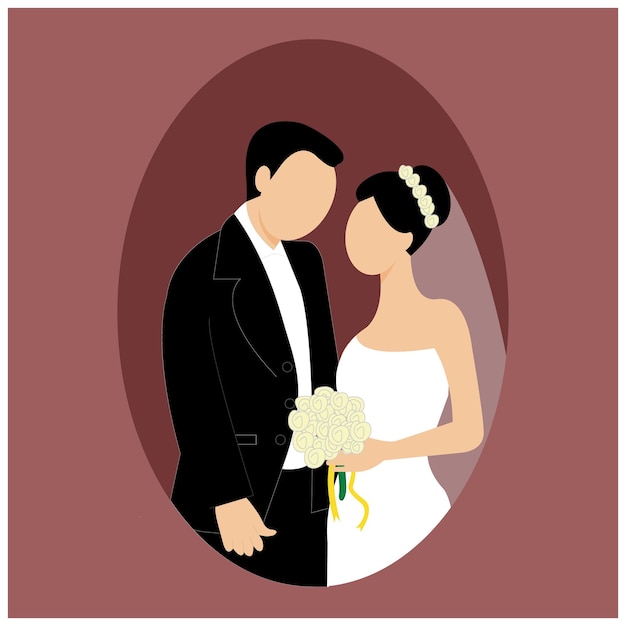 Couple Mariage Illustration Vectorielle De L'homme Et De La Femme Juste Mariés Pour Le Modèle De Conception De Carte De Voeux.