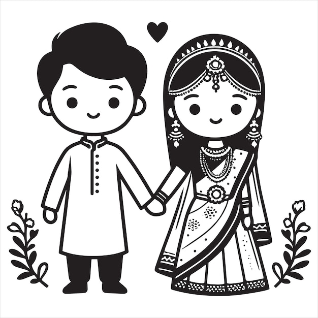 Vecteur le couple de mariage indien art de ligne noir et blanc dulha dulhan debout portant un saree en soie vector