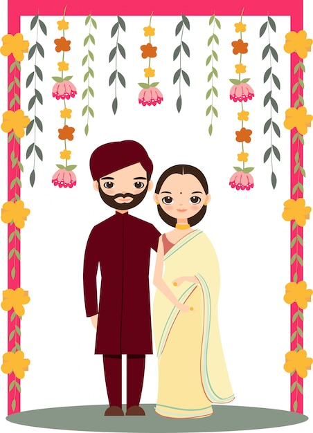 Vecteur couple de mariage indien mignon pour carte d'invitations