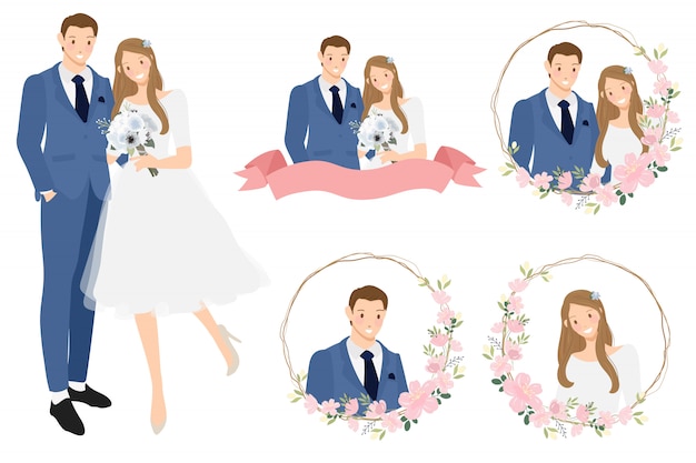 Vecteur couple de mariage jeune dessin animé mignon dans une couronne de fleurs de cerisier