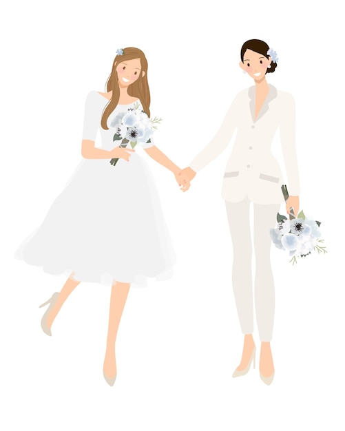 Couple De Mariage Lesbien En Pantalon De Costume Blanc Et Robe De Mariée Main Dans La Main Mise En Page D'invitation