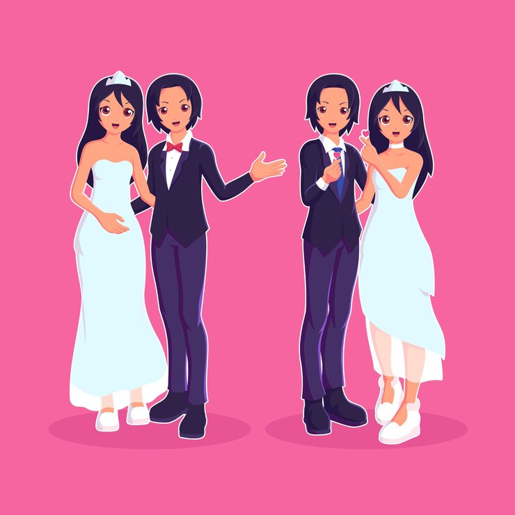Vecteur couple de mariage marié set collection dans différentes poses