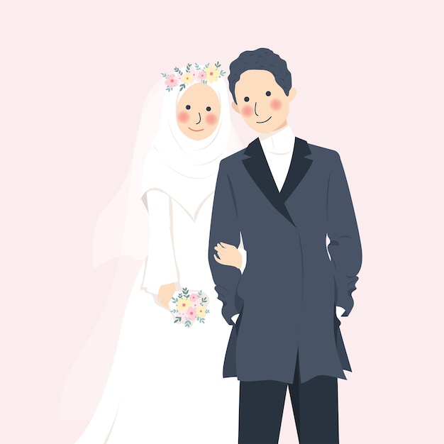 Vecteur couple de mariage musulman romantique mignon tenant par la main