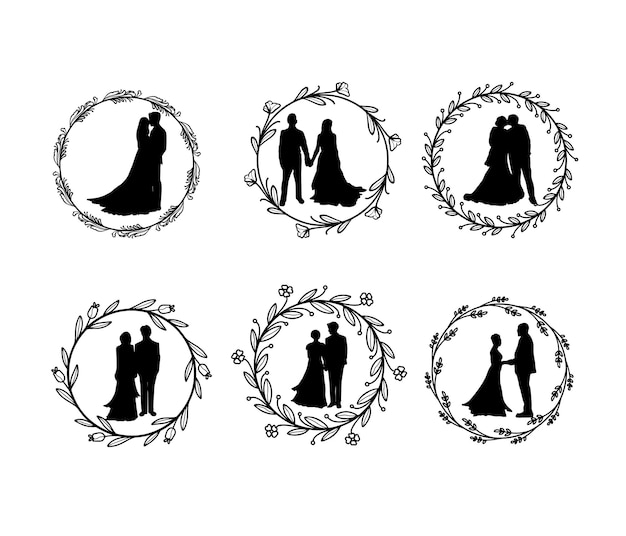 Couple De Mariage Silhouette Dans La Collection D'éléments Floraux De Cercle De Cadre