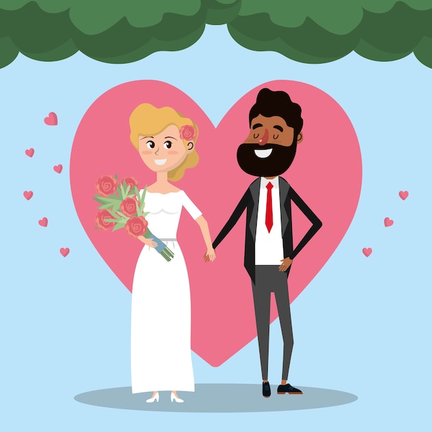 couple marié avec coeur et bouquet de fleurs