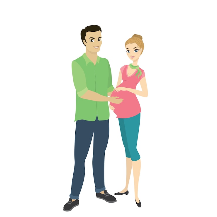 Vecteur couple marié homme mignon et jolie femme enceinte isolés sur fond blanc vecteur de dessins animés