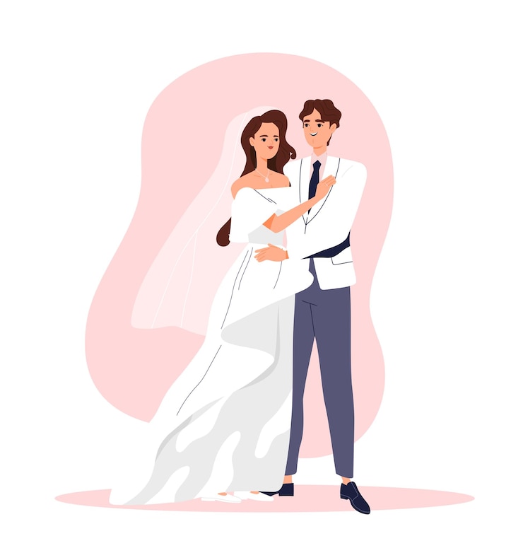 Vecteur un couple de mariés heureux un homme en costume et une femme en robe blanche s'embrassent les mariés marié et femme amoureux famille de jeunes mariés illustration vectorielle plate