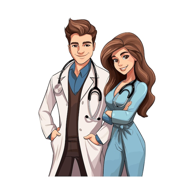 Un Couple De Médecins Avec Un Stéthoscope Un Personnage De Dessin Animé Sur Fond Blanc