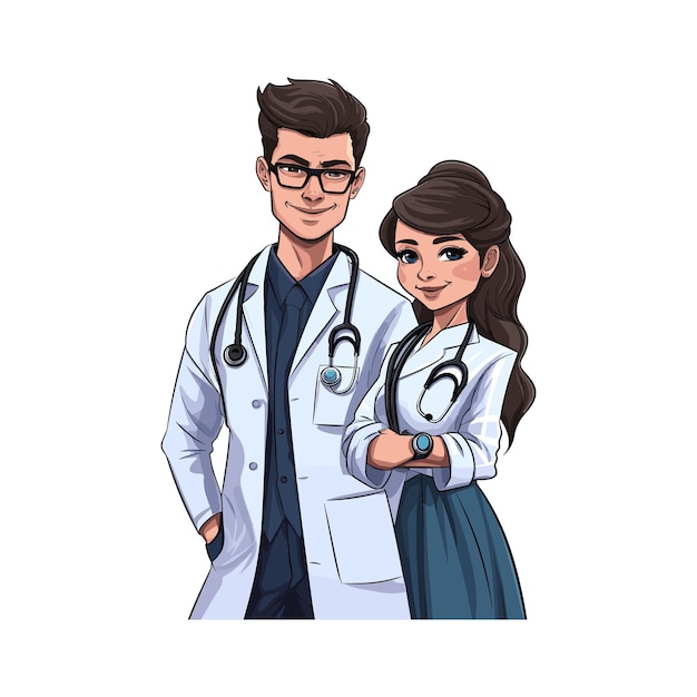 Un Couple De Médecins Avec Un Stéthoscope Un Personnage De Dessin Animé Sur Fond Blanc