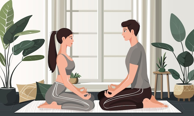 Un Couple Méditant Dans La Pose Du Lotus Ils Sont Assis L'un En Face De L'autre Dans La Pièce Illustration Vectorielle