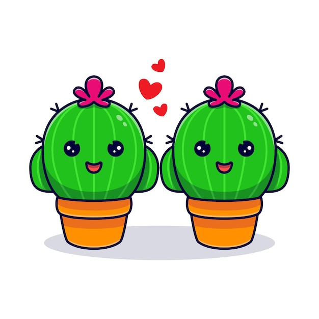 Vecteur couple mignon de cactus tombent amoureux. dessin animé plat