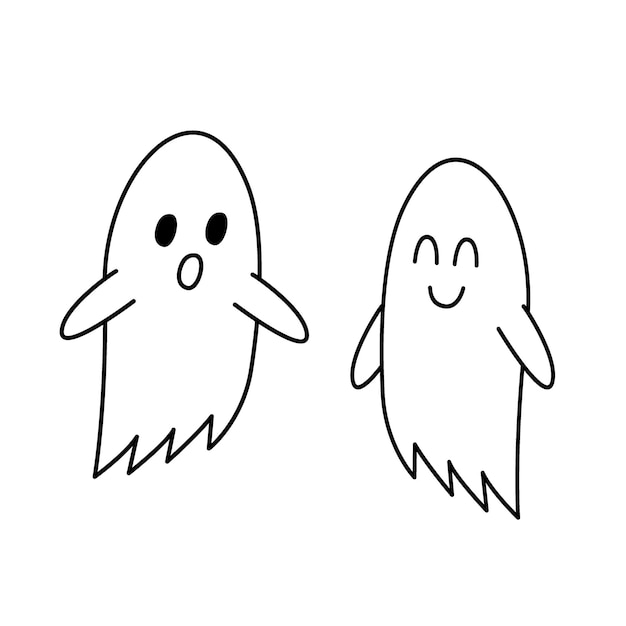 Couple mignon fantômes Halloween personnages de dessins animés doodle vecteur de contour dessiné à la main isolé