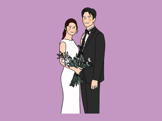 Vecteur couple mignon de mariée et le marié de vecteur dans le personnage de dessin animé de robe de mariée