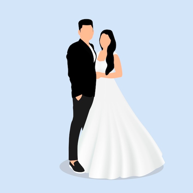 Couple mignon de mariée et le marié de vecteur dans le personnage de dessin animé de robe de mariée