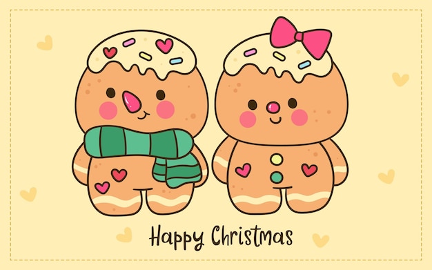 Vecteur couple mignon de pain d'épice dessin animé de noël kawaii charater x carte de noël