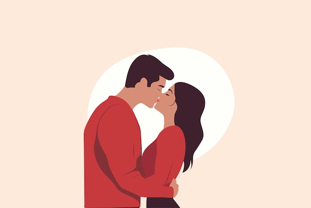 Vecteur un couple minimaliste charmant et mignon se regardant amoureux, s'étreignant et s'embrassant.