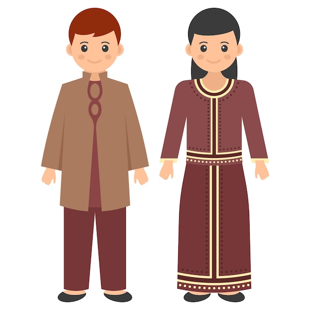 Couple mongol debout ensemble Concept caftan bordeaux avec design vectoriel tunique pliée Monde