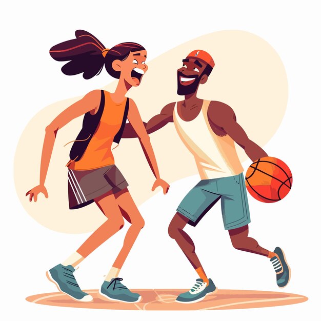 Vecteur un couple multiethnique heureux joue au basket-ball.