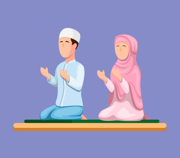 Couple Musulman Assis Et Priant. Gens De Religion Islam En Illustration De Dessin Animé