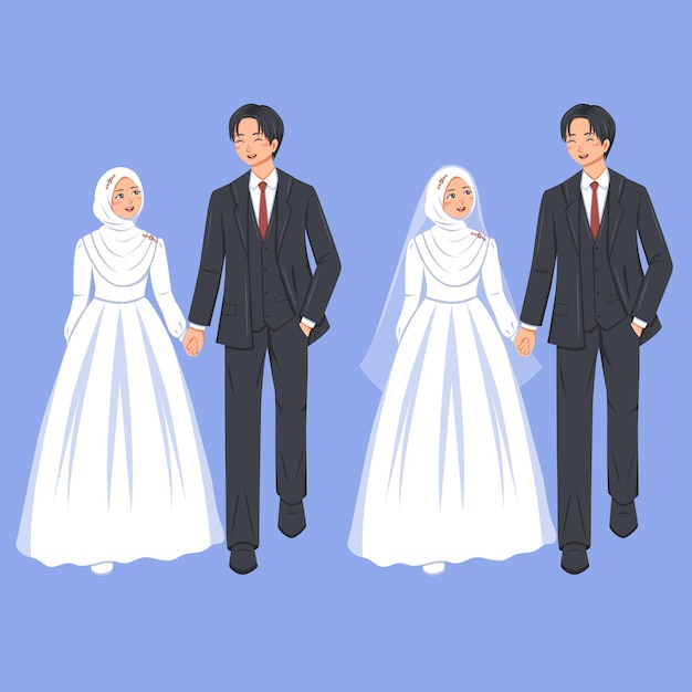 Un couple musulman en tenue de mariée se tenant par la main