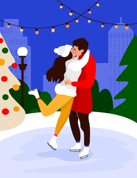 Couple De Noël Romantique S'embrassant à La Patinoire. Concept De La Veille De Noël Ensemble. Homme Et Femme Câlins