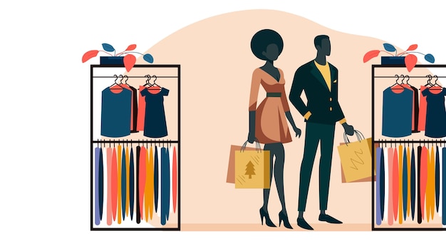 Un couple noir achète des vêtements dans un magasin Illustration vectorielle de personnes noires
