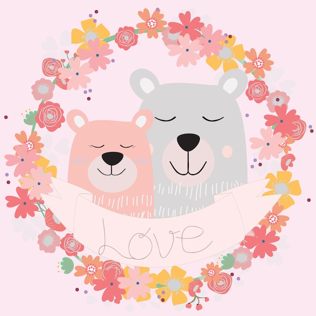 Couple D'ours En Peluche Dans Un Cadre Floral Rose