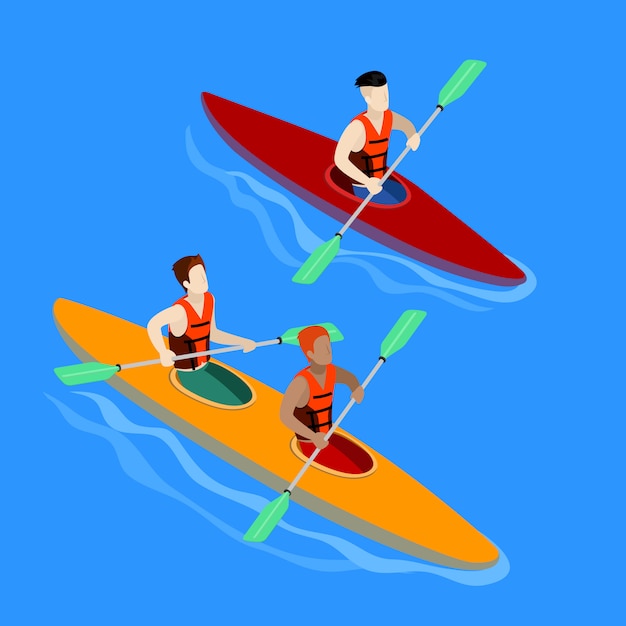 Couple Pagayant En Kayak. Vecteur Isométrique Isolé Kayak
