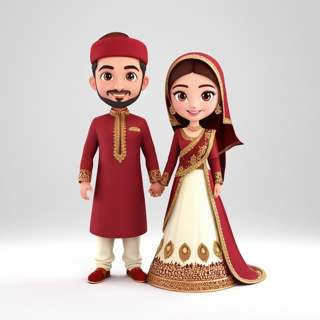 Vecteur un couple pakistanais avec une robe traditionnelle marron et or à fond blanc vectoriel