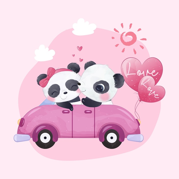 Un Couple De Pandas Dans Une Voiture Avec Des Ballons D'amour Sur Fond Rose Vecteur