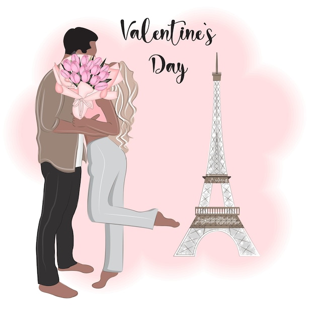 Couple à Paris Près De La Tour Eiffel Saint Valentin Illustration Vectorielle 4