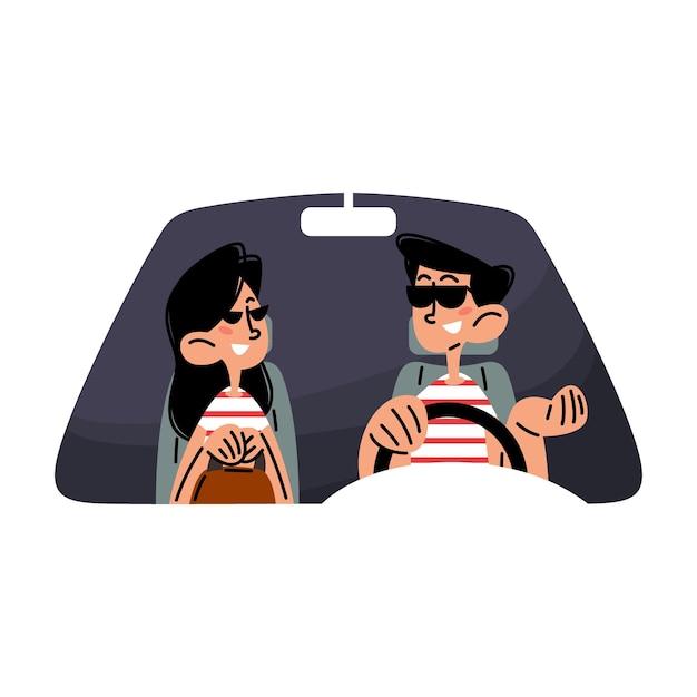 Vecteur couple parler et conduire une voiture plate illustration vectorielle