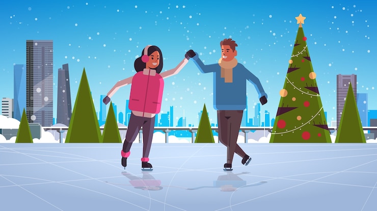 Vecteur couple, patinage, sur, patinoire, sports hiver, activité, loisirs, à, vacances, concept, homme femme, tenant mains, passer temps, ensemble, neige, paysage urbain, pleine longueur, horizontal, vecteur, illustration