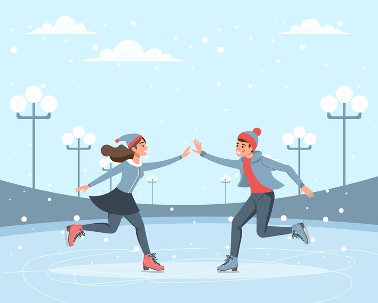 Vecteur couple patinant ensemble sur la patinoire hivernale sport hivernal activité athlétique en plein air