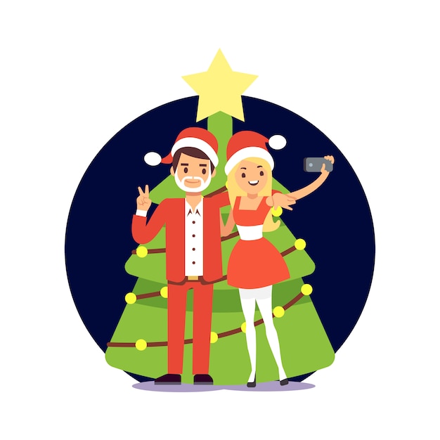 Couple De Personnage De Dessin Animé En Père Noël Prenant Selfie. Illustration De Fête De Noël