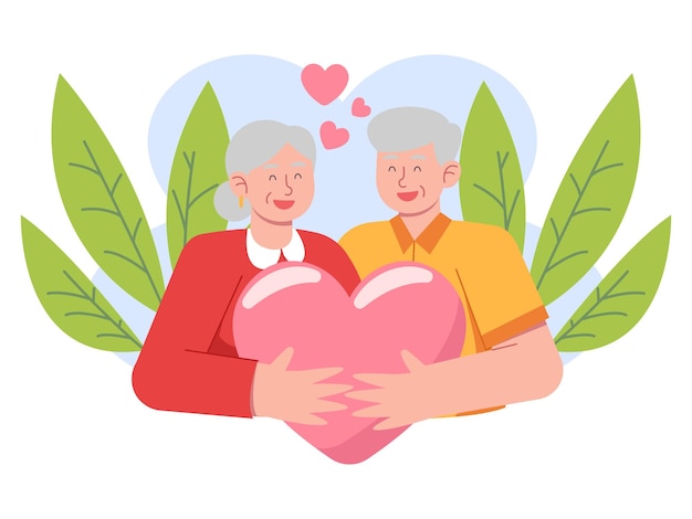 Un couple de personnes âgées étreint une illustration de la journée des parents du cœur