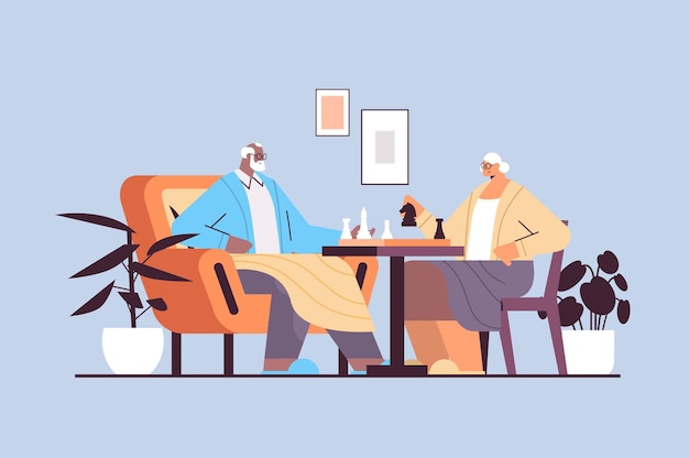 Couple De Personnes âgées Jouant Aux échecs Senior Man Woman Passer Du Temps Ensemble Illustration Vectorielle Pleine Longueur Horizontale