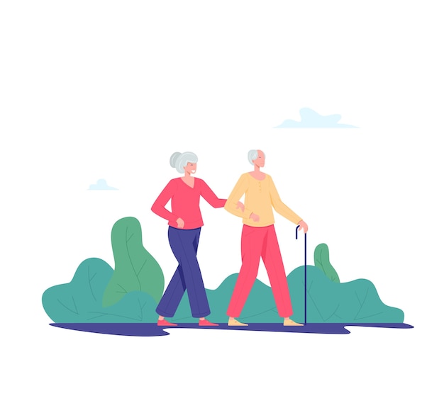 Vecteur couple de personnes âgées marchant en plein air. vieil homme et femme marchant dans un parc. concept d'activités de loisirs et de loisirs pour retraités. illustration de personnes âgées, style plat.