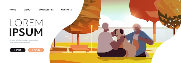 Couple De Personnes âgées Passant Du Temps Avec Un Chien Dans Un Parc Urbain Concept De Retraite De Relaxation Pleine Longueur Horizontale Copie Espace Illustration Vectorielle