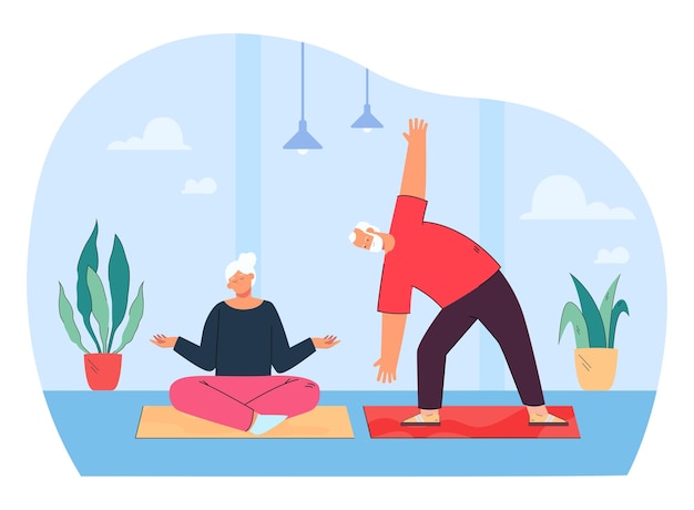 Vecteur couple de personnes âgées sportifs actifs faisant du sport en pratiquant le yoga ensemble à la maison. illustration plate d'un homme et d'une femme mûrs s'entraînant à méditer, en suivant un mode de vie sain