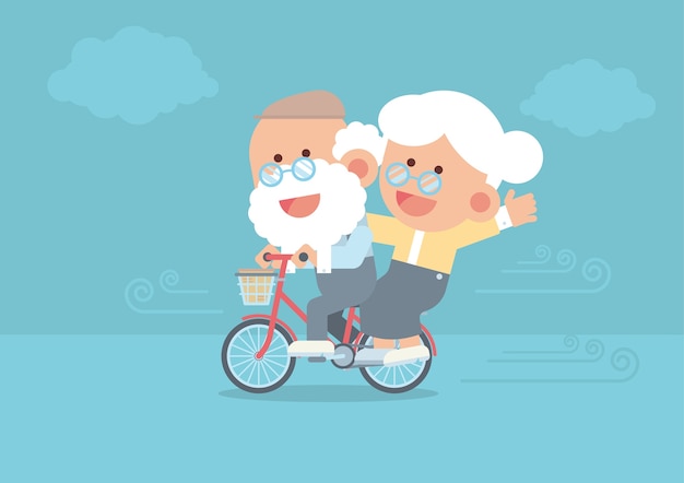 Vecteur couple de personnes âgées à vélo vintage en plein air dans un style de dessin animé plat mignon