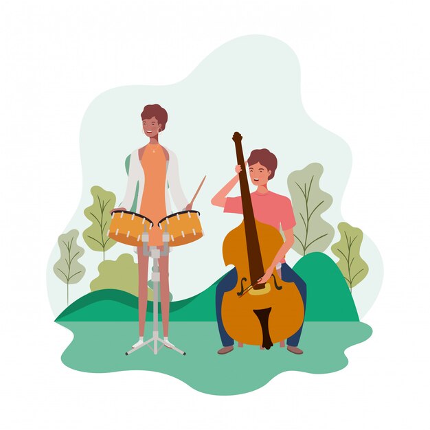 Couple De Personnes Avec Des Instruments De Musique Et Paysage