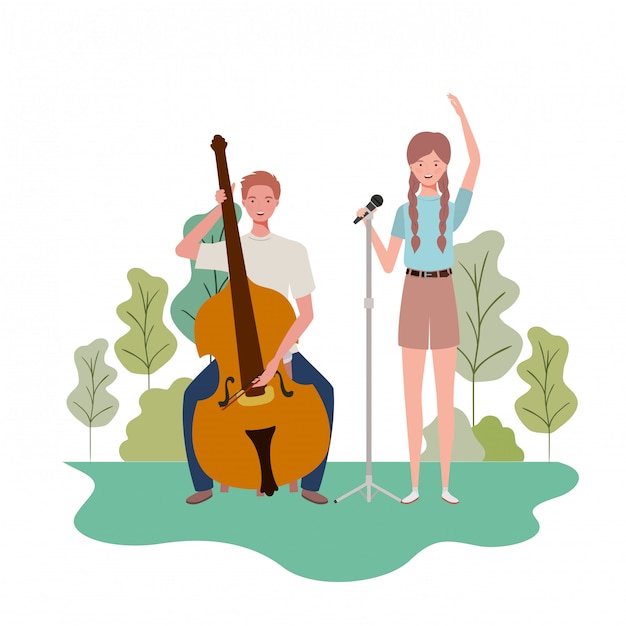 Couple De Personnes Avec Des Instruments De Musique Et Paysage