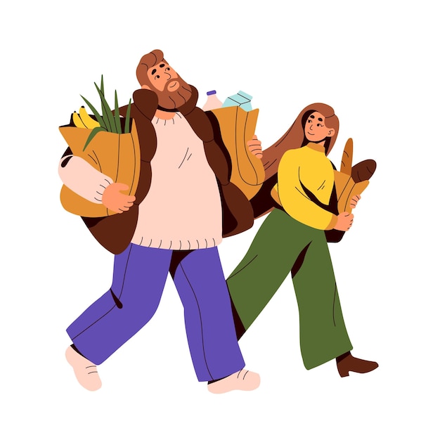 Vecteur couple de personnes portant des sacs en papier de l'épicerie heureux homme et femme allant du supermarché shopping famille marchant avec des produits alimentaires illustration vectorielle plane isolée sur fond blanc