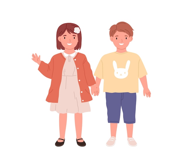 Couple De Petit Garçon Et Fille. Portrait D'enfants Heureux Debout Ensemble. Enfants Souriants Mignons. Illustration Vectorielle Plane Colorée D'enfants D'âge Préscolaire Isolés Sur Fond Blanc.