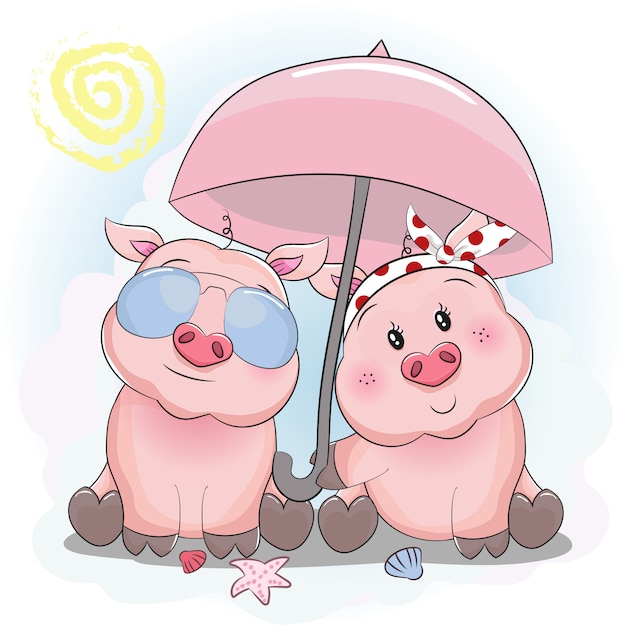 Couple De Porc Mignon Avec Parasol Et Lunettes De Soleil Sur La Plage